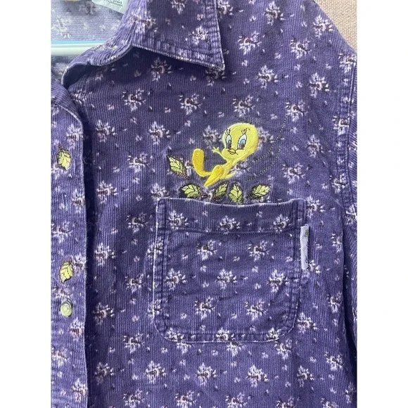 Vintage Ladies Looney Tunes Shirt Corduroy Purple Tweety Bird Size 18W/20W - Picture 2 of 6